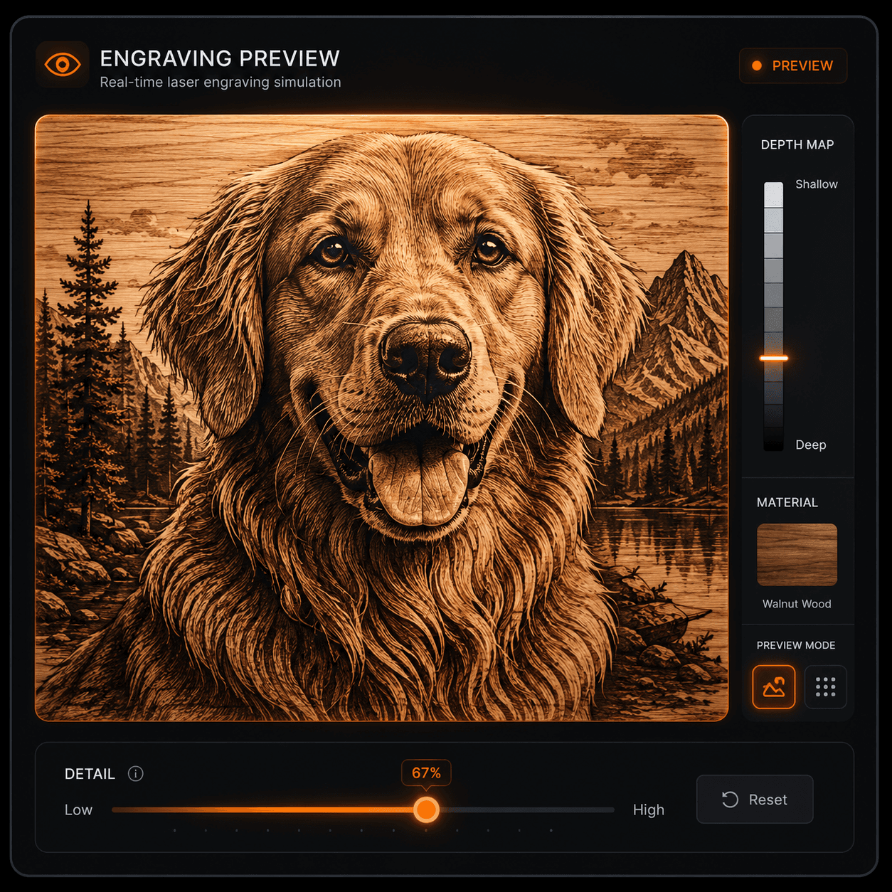 Dog portrait engraving preview with detail slider