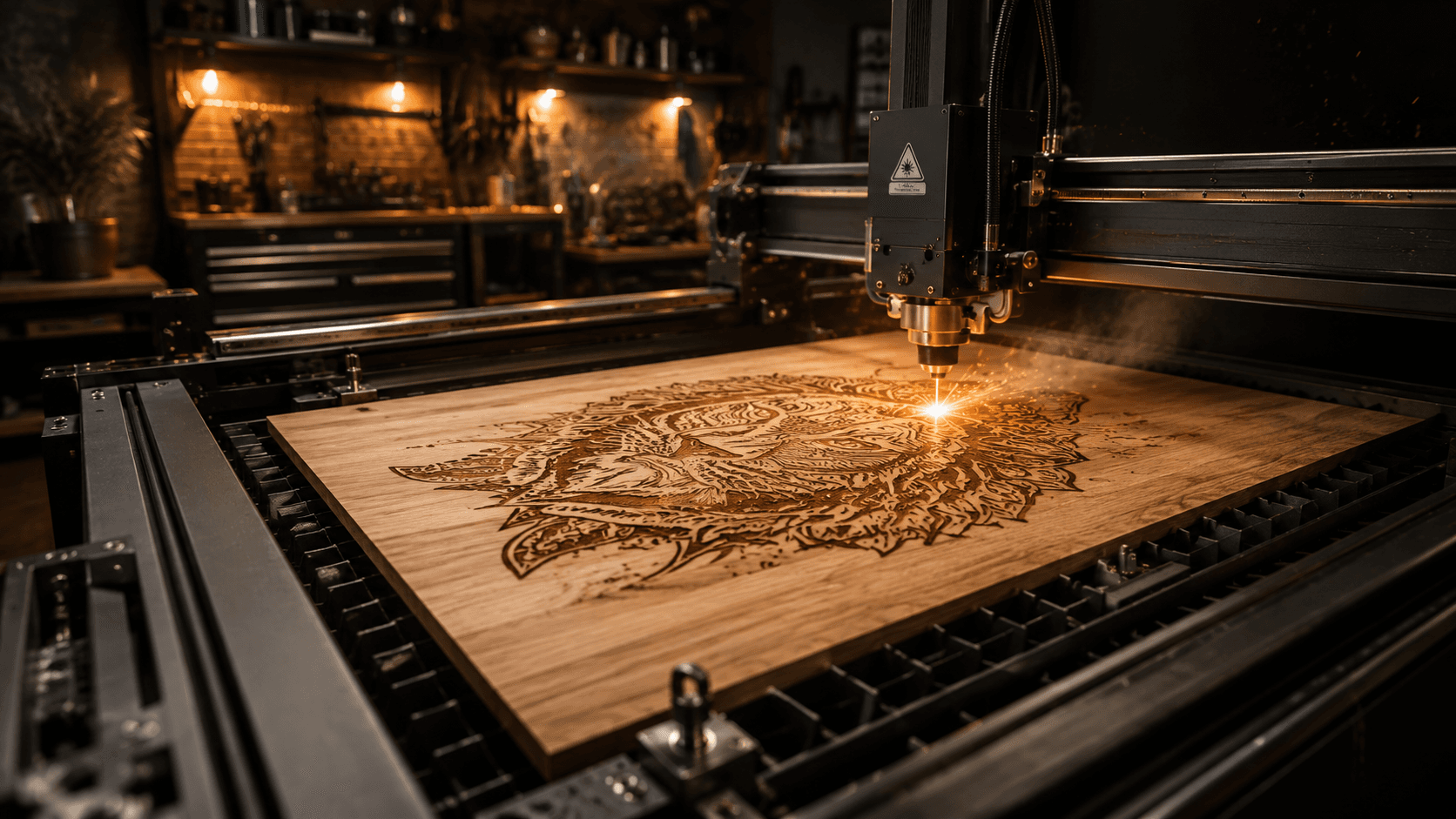 Laser cutter producing intricate woodwork