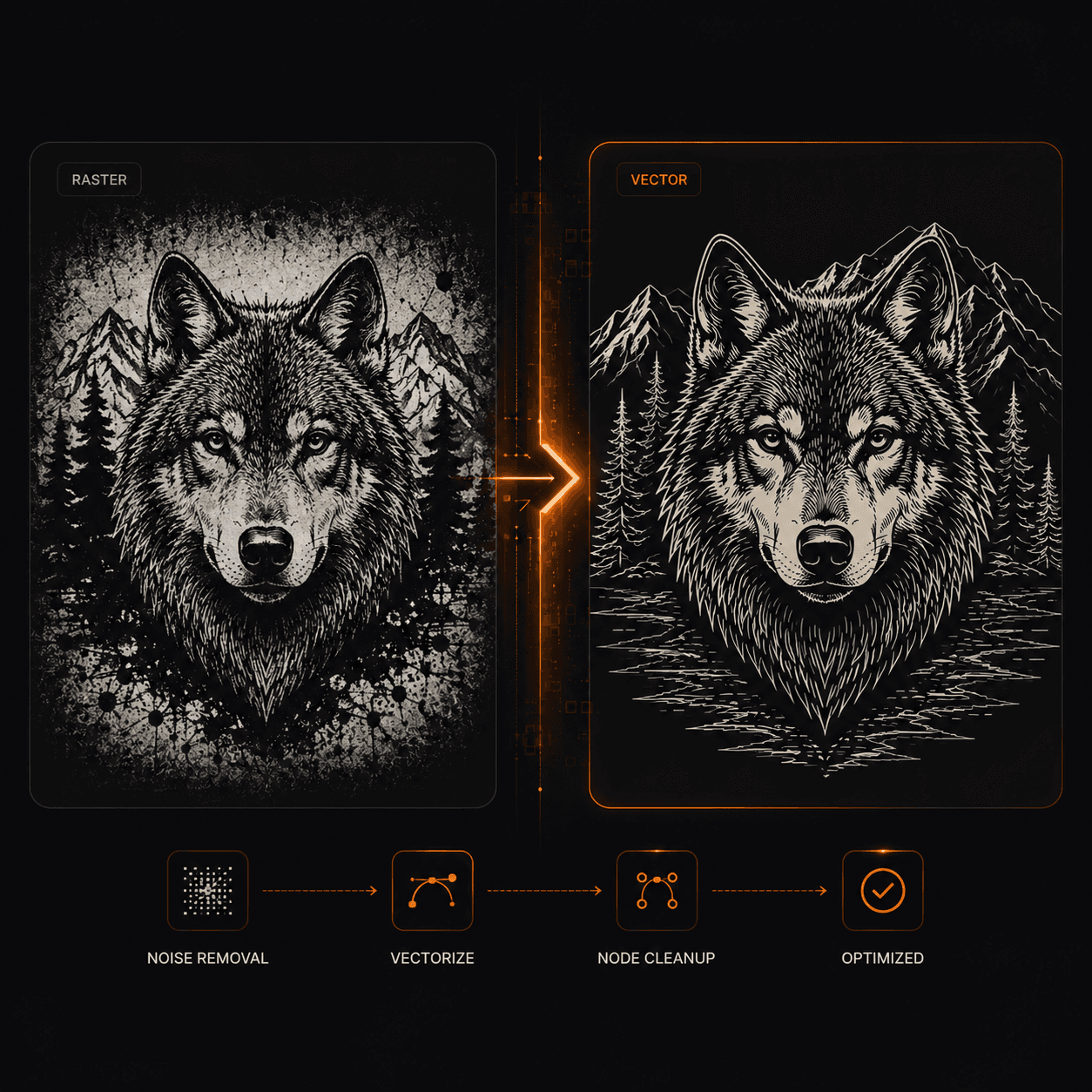 Tiger and wolf line art before and after vector cleanup